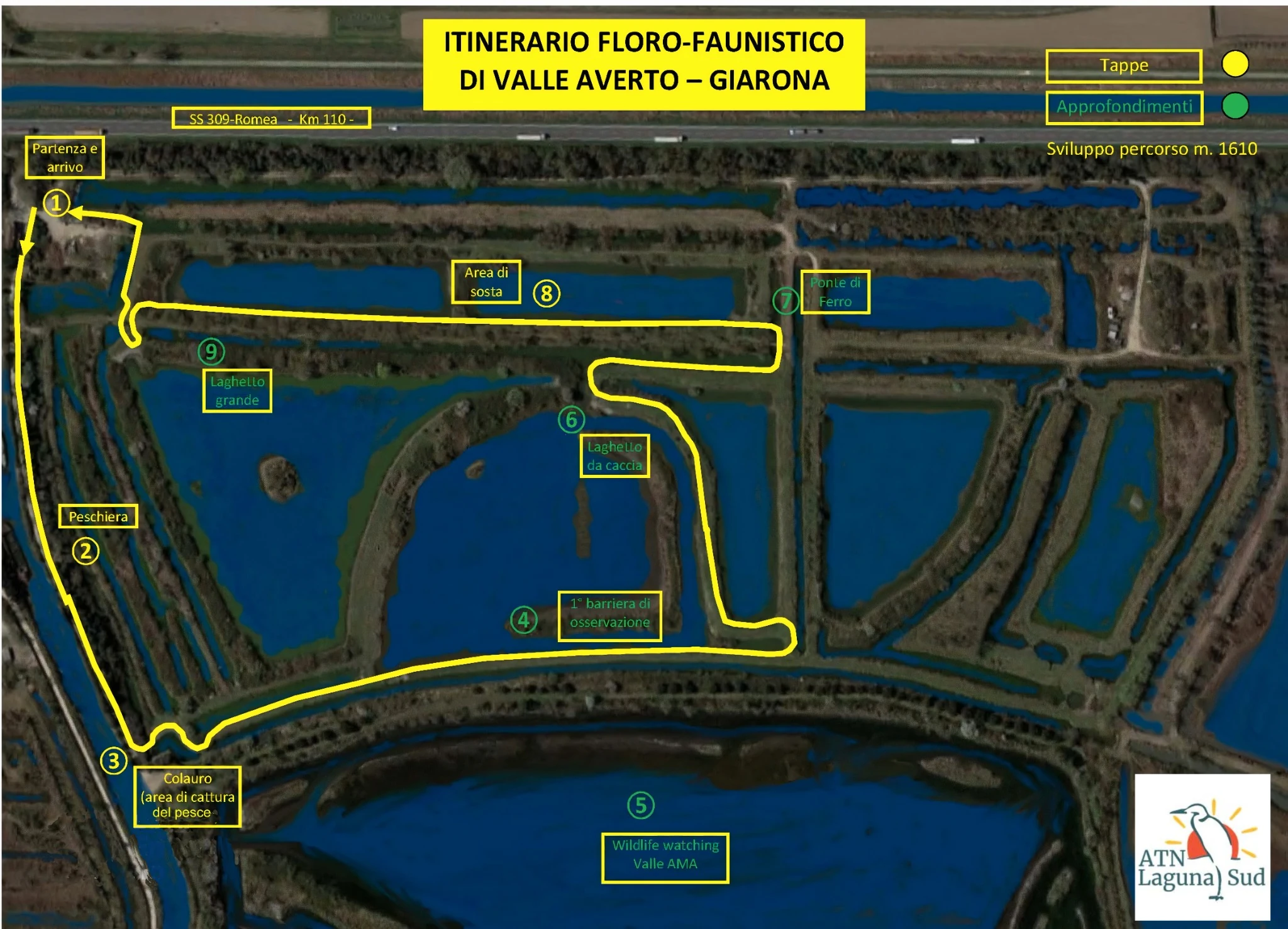 Mappa ufficiale del percorso floro-faunistico di Valle Averto–Giarona, 1610 metri con tappe numerate